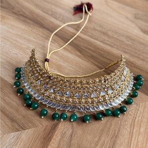Gold-Tone Kundan Choker Necklace with Green Beads and Earrings- Women Jewelry